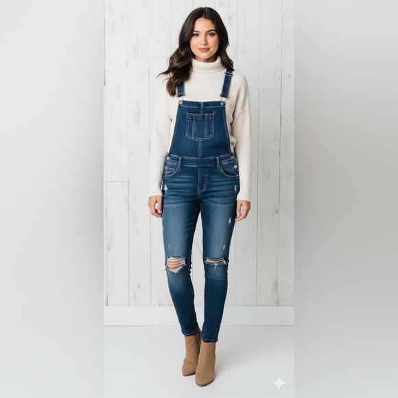 Almost Famous Denim Overalls Size 9 Distressed - Picture 1 of 15